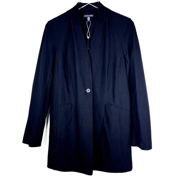 Eileen Fisher Jacket Crepe Stretch Knit Single Button Blazer Black MEDIUM V-Neck - Picture 1 of 4